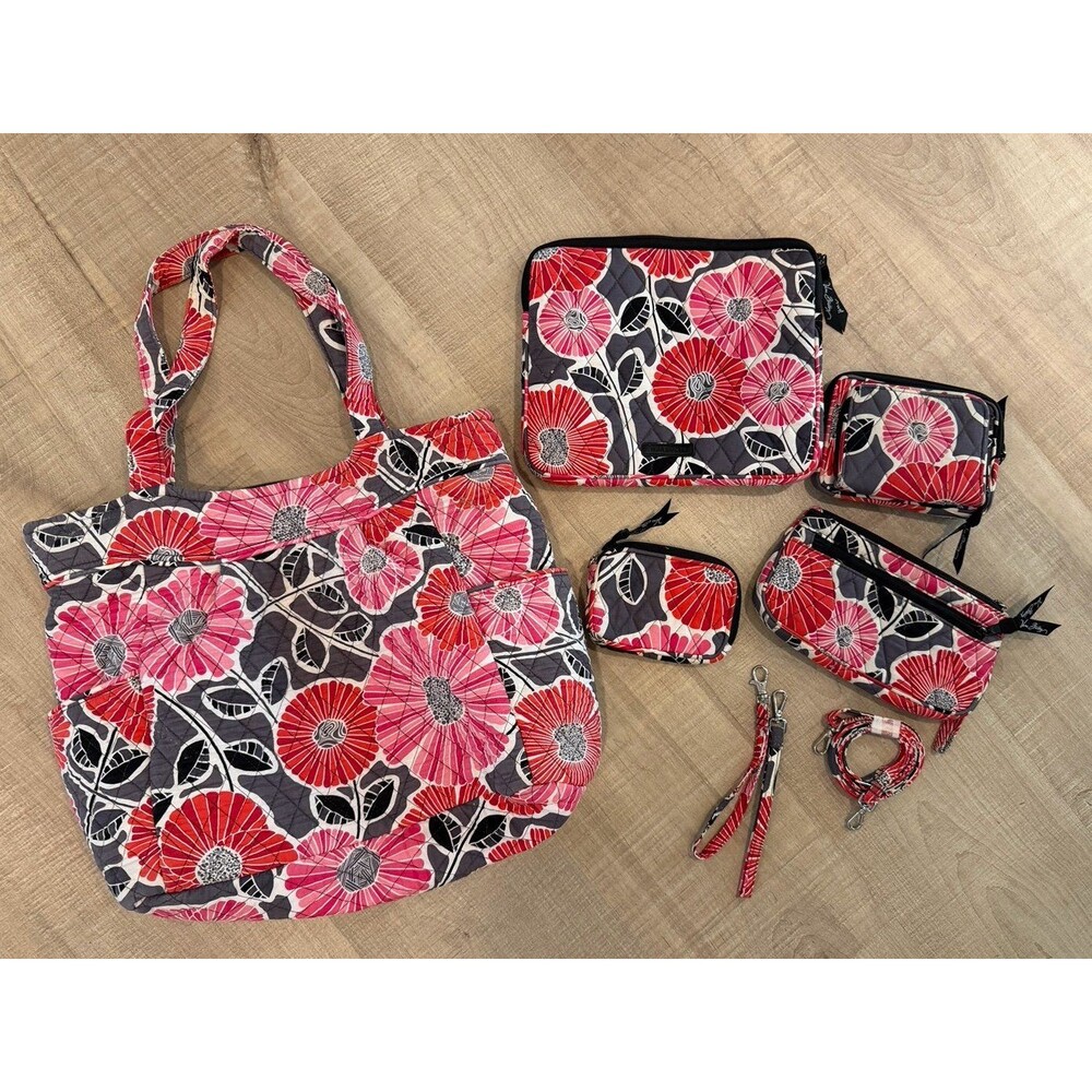 Bundle Vera Bradley Cheery Blossoms Floral Quilted Tote Bag Pink Red Black Gray